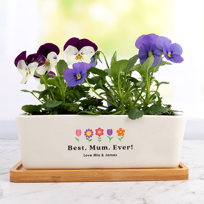 Personalised ceramic planter with bamboo base for Mum Grandma or Aunt