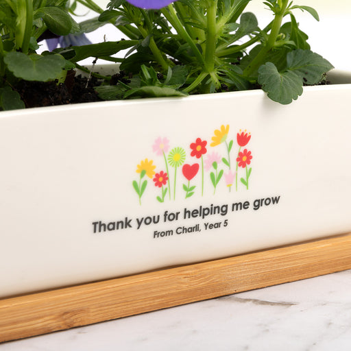 White ceramic rectangular planter with bamboo base teacher gift