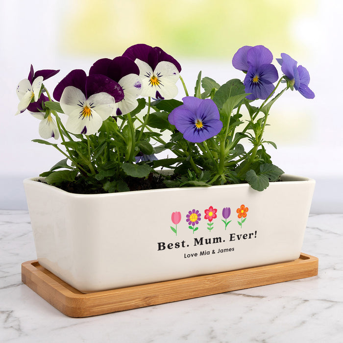 Rectangular personalised planter gift for Mum with modern bamboo base