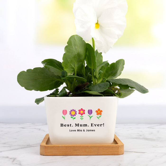 Personalised ceramic planter pot for Mother’s Day with custom name and message