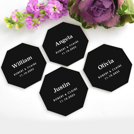 Custom designed printed black octagon acrylic wedding placecard