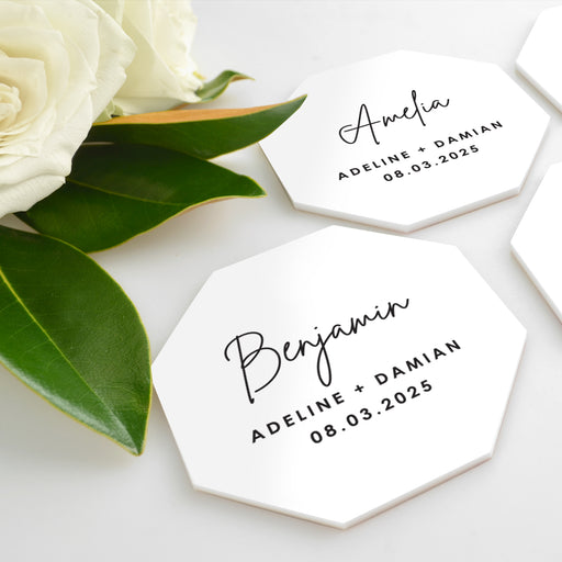 Custom designed black print on white acrylic octagon wedding placecards