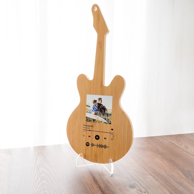 Personalised bamboo guitar board with Spotify song code and photo