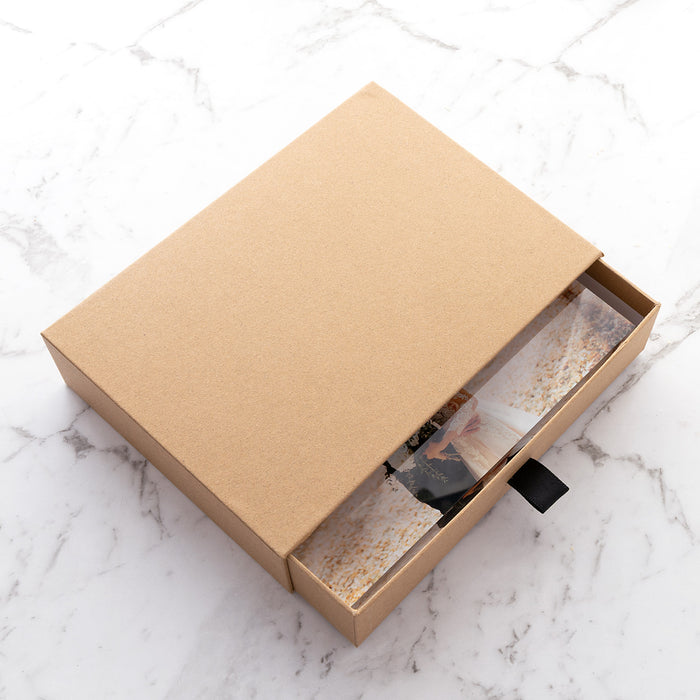 Custom acrylic photo block gift with black ribbon sliding box packaging