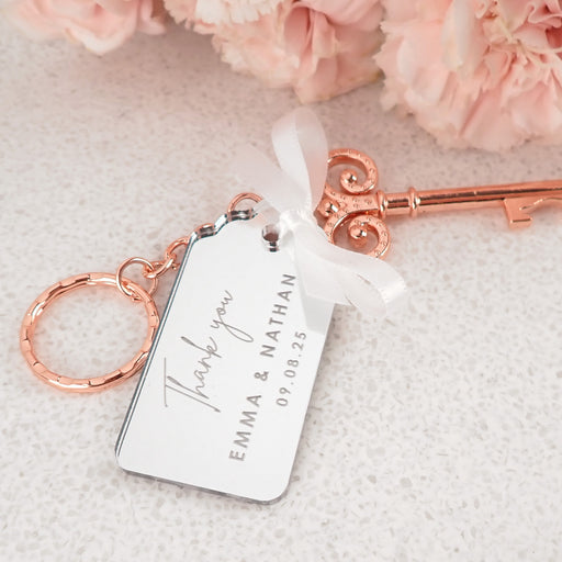 Personalised Engraved Name Rectangle Silver Wedding Gift Tag and Rose Gold Bottle Opener Keyring