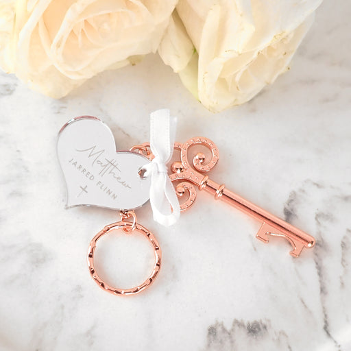 Personalised Rose Gold Key Keyring with Engraved Christening Heart Gift Tag