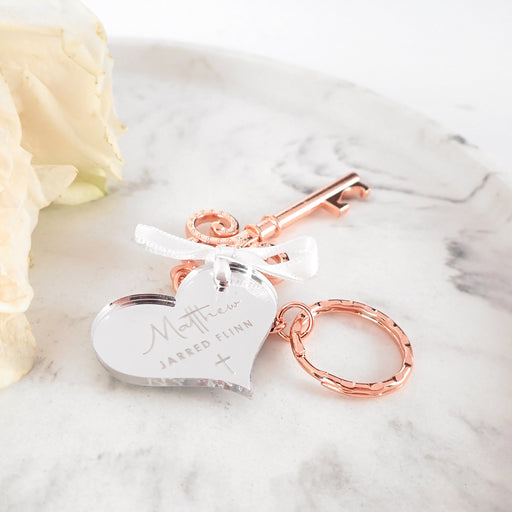 Customised Engraved Mirror Silver Heart Christening Gift Tag Attached to Rose Gold Bottle Opener Keyring