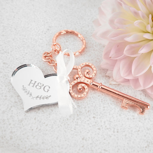 Rose Gold Key Keyring with Personalised Engraved Gift Tag