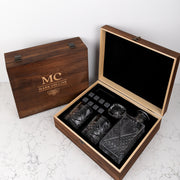 Personalised whiskey gift set with engraved decanter and glasses in rustic wooden box