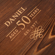 Birthday gift set for bourbon, scotch or whiskey drinkers with personalised wooden box and laser engraved glassware