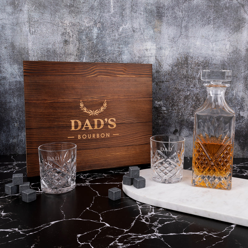 Deluxe personalised whiskey set with engraved glassware and stones, thoughtful gift for Father’s Day celebration