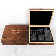 Rustic wooden whiskey gift box with decanter and glasses, personalised for engagement or anniversary celebrations