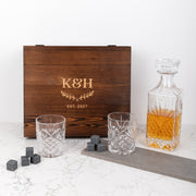 Elegant whiskey gift set with laser engraved glassware and stones, thoughtful present for weddings and special occasions