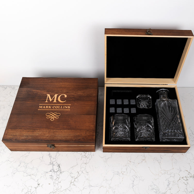 Engraved barware gift set featuring two glasses and decanter with wooden keepsake box