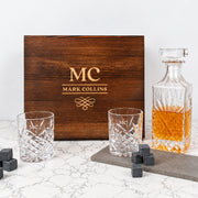 Engraved whiskey decanter set with personalised glasses, whiskey stones and custom wooden box, perfect for birthdays and Christmas.