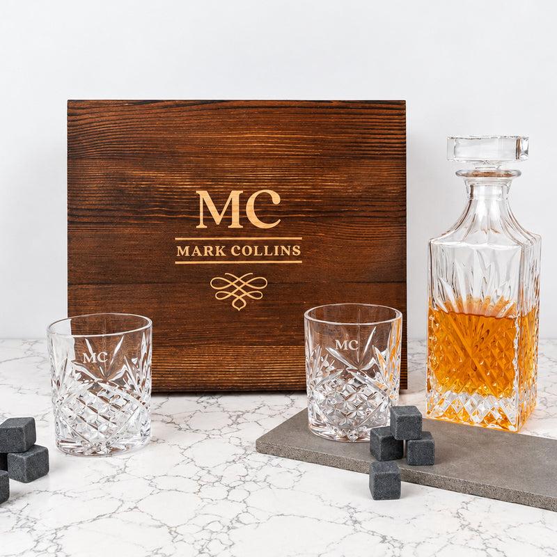 Engraved whiskey decanter set with personalised glasses, whiskey stones and custom wooden box, perfect for birthdays and Christmas.