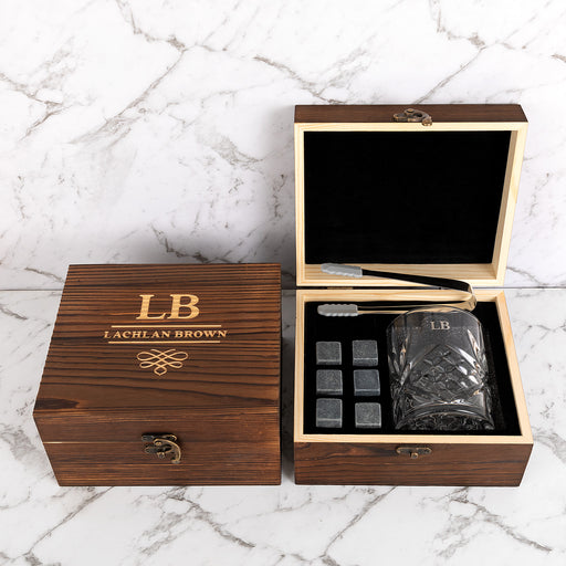 Personalised Engraved  Rustic Wooden Gift Boxed Scotch Glass and Whiskey Stone Set