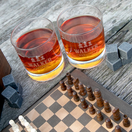 Customised Engraved Wooden Gift Box With Bourbon Scotch Glasses, Whiskey Stones and Chess Set