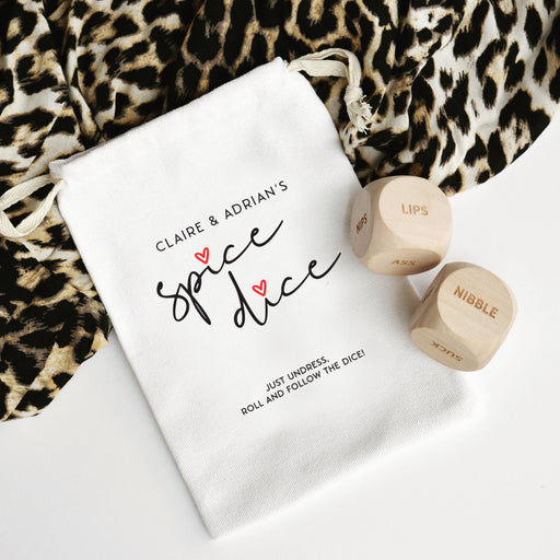 Engraved wooden date night dice game with personalised gift bag – fun and cheeky couples gift