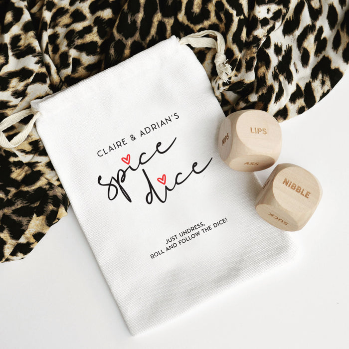 Engraved wooden date night dice game with personalised gift bag – fun and cheeky couples gift