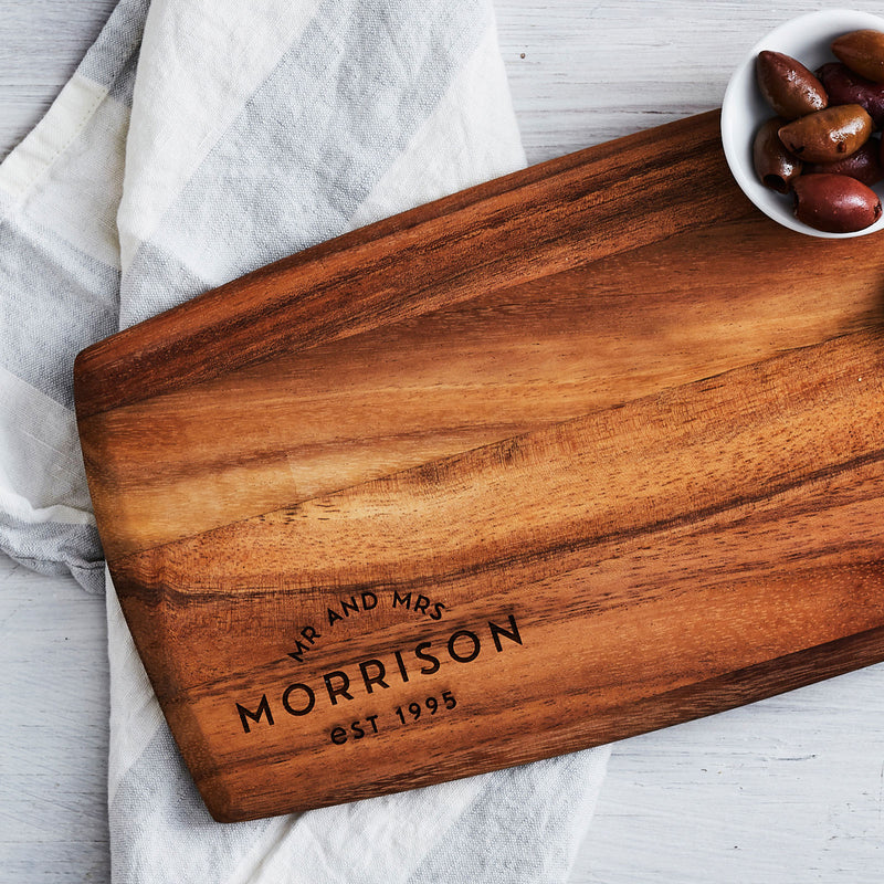 Engraved walnut serving board for couples, ideal romantic gift for food lovers