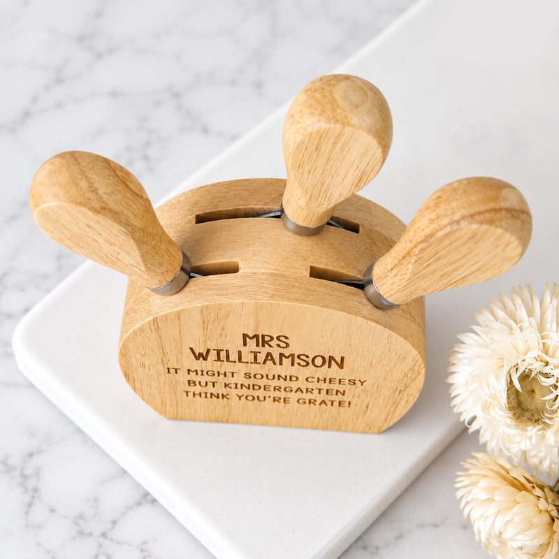 Personalised cheese knife set for teachers, perfect for end-of-year or Christmas gifting.