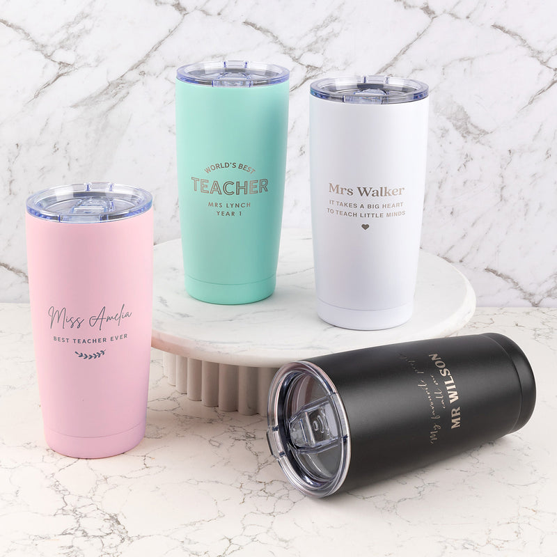 Custom educator travel mug in white, black, mint or rose with gift wrapping option.
