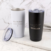 Engraved stainless steel insulated travel mug – practical teacher thank you present.