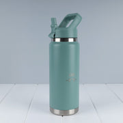 Sage custom engraved 780ml water bottle with reusable stainless steel design and flip straw.