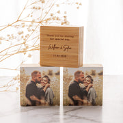 Personalised bamboo photo block wedding favour featuring a full colour engagement photo and engraved thank you message, presented in a premium gift box.