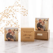 Unique personalised wedding favour featuring a bamboo photo block with a professional engagement photo, custom message and premium sliding gift box.