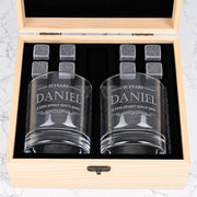 Engraved whiskey glass gift set in wooden presentation box for 21st, 30th, 40th, 50th and 60th birthdays