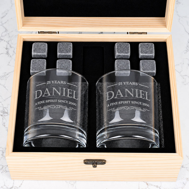Engraved whiskey glass gift set in wooden presentation box for 21st, 30th, 40th, 50th and 60th birthdays