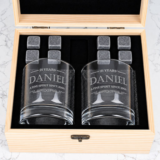 Engraved whiskey glass gift set in wooden presentation box for 21st, 30th, 40th, 50th and 60th birthdays