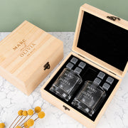 Personalised wooden boxed whiskey glass set with two engraved round glasses and whiskey stones for bride and groom