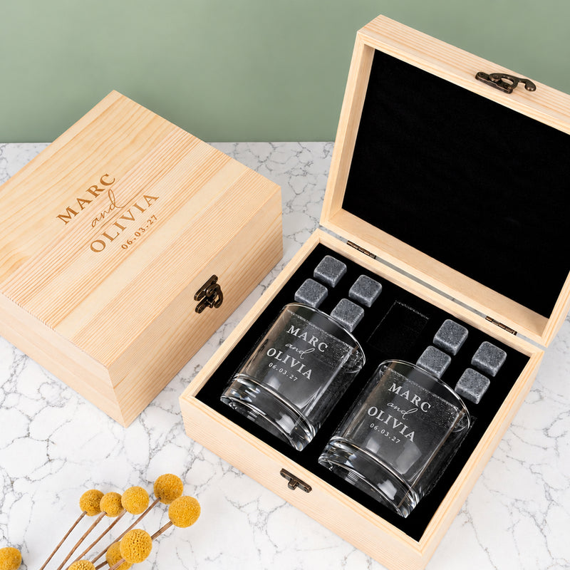 Personalised wooden boxed whiskey glass set with two engraved round glasses and whiskey stones for bride and groom