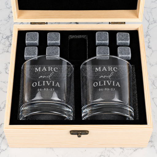 Engraved round whiskey glass gift set in wooden presentation box for wedding, engagement or anniversary