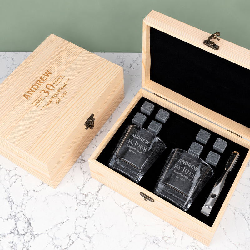 Personalised milestone birthday whiskey gift set with engraved wooden box and square whiskey glasses