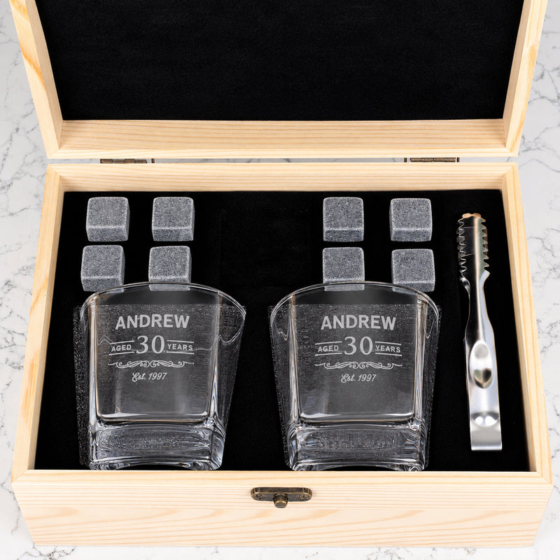 Engraved 295ml whiskey glasses with whiskey stones and tongs for 30th, 40th, 50th and 60th birthdays