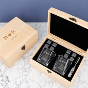 Personalised wedding whiskey gift set with engraved square glasses and matching wooden gift box