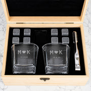 Engraved 295ml whiskey glasses with whiskey stones and wooden presentation box for bride and groom