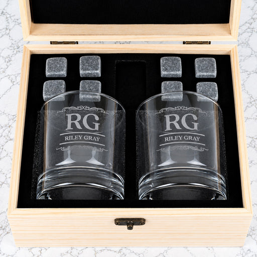 Engraved whiskey gift box with personalised whiskey glasses and reusable stones, a thoughtful gift for Dad, Grandad, family or friends.
