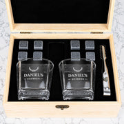 Engraved square whiskey glass gift set with whiskey stones, personalised for milestone birthdays, weddings and special celebrations.