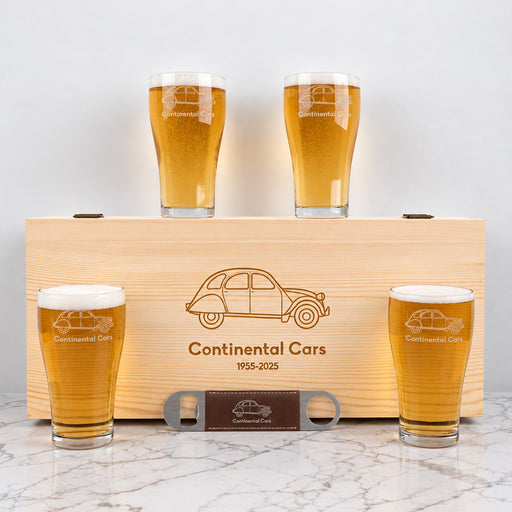 Personalised corporate beer gift set with engraved company logo, four beer glasses and wooden box