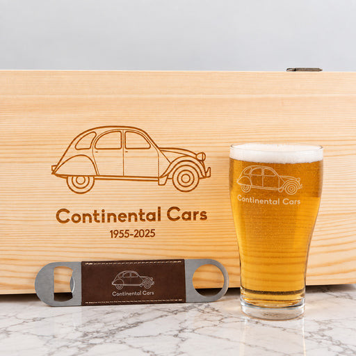 Custom logo beer glass gift set with personalised wooden presentation box and barmate