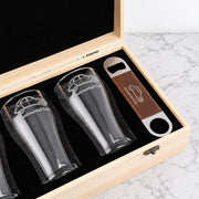 Personalised corporate gift with four engraved beer glasses, bottle opener and branded wooden keepsake box
