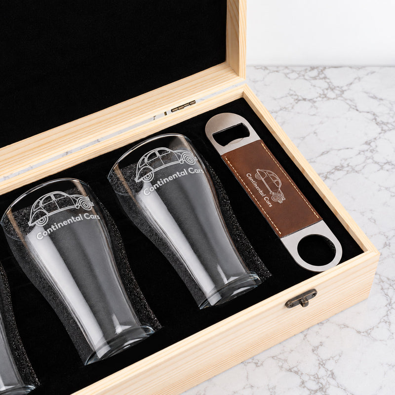 Personalised corporate gift with four engraved beer glasses, bottle opener and branded wooden keepsake box