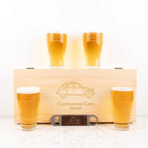 Personalised wooden beer gift set with four engraved glasses, barmate and custom logo box