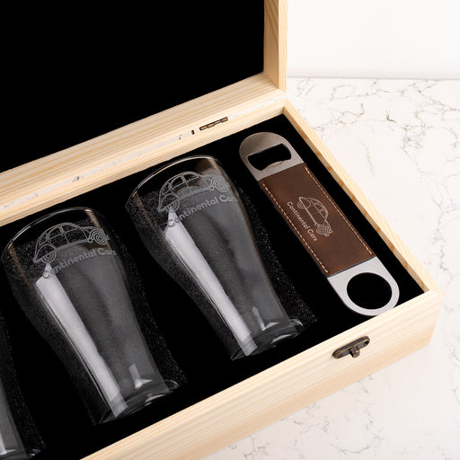 Corporate beer gift set featuring engraved company logo on glasses and wooden presentation box