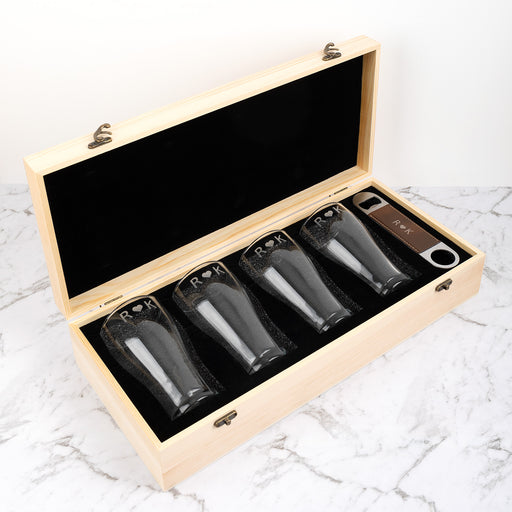 Personalised wooden gift boxed beer set with engraved glasses for weddings